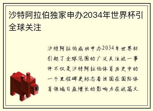 沙特阿拉伯独家申办2034年世界杯引全球关注 沙特阿拉伯独家申办2034年世界杯引全球关注