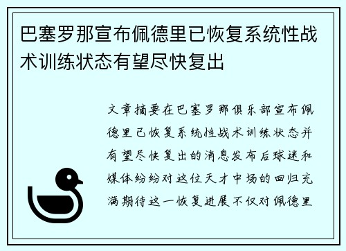 巴塞罗那宣布佩德里已恢复系统性战术训练状态有望尽快复出 巴塞罗那宣布佩德里已恢复系统性战术训练状态有望尽快复出
