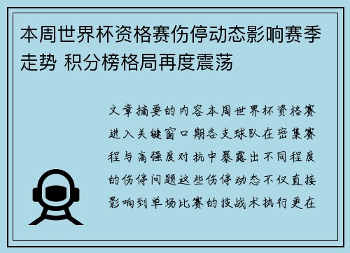 本周世界杯资格赛伤停动态影响赛季走势 积分榜格局再度震荡